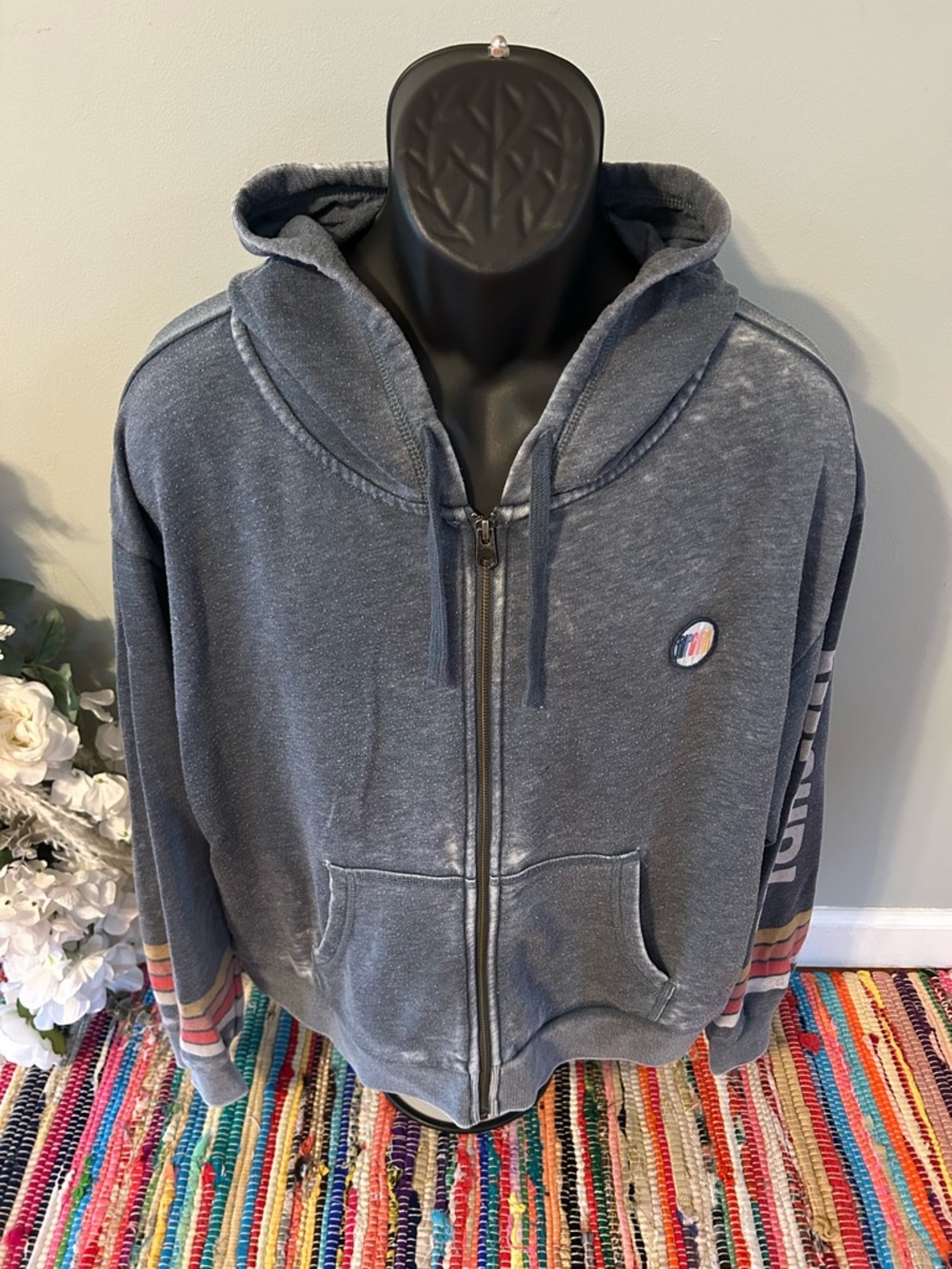 NEW Rip Curl 70s Style Full Zip Hooded Sweatshirt Colorful Faded Gray XL